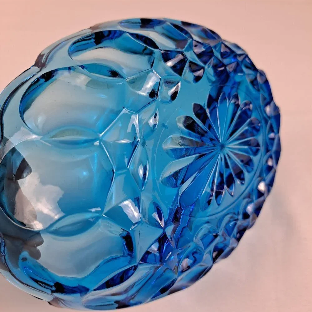 Oval Shaped Blue Glass Divided Trinket Dish Scalloped Edges Vintage